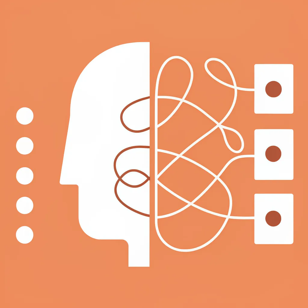 Abstract illustration showing knowledge transfer from mind to organized system outputs